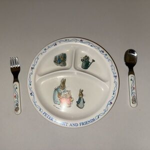 Child’s Vintage Beatrix Potter plate, fork and spoon set